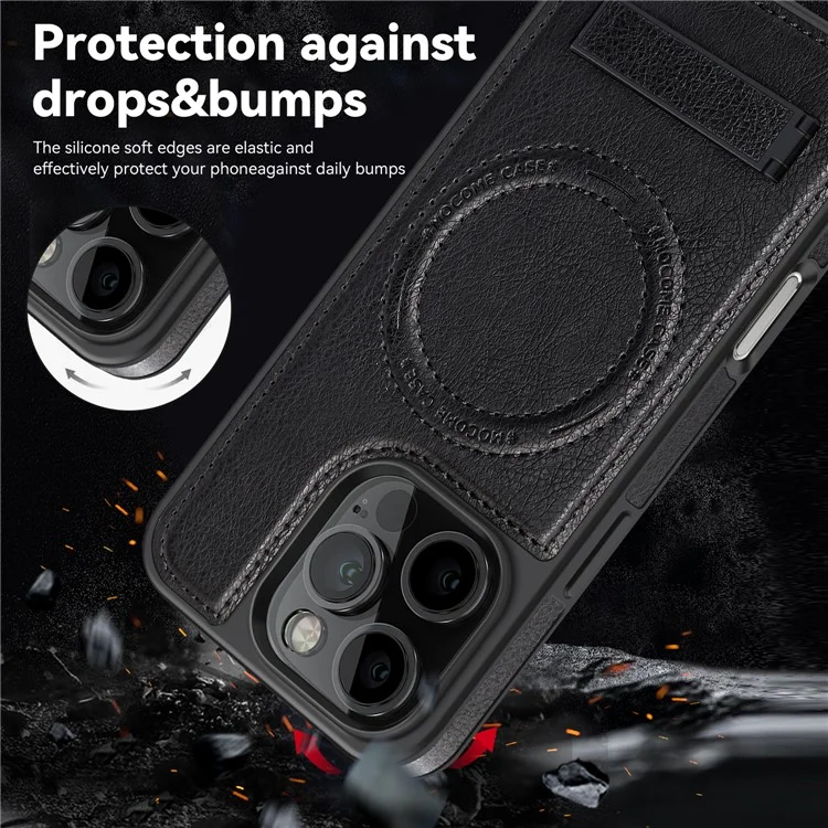 Pour Iphone 16 Pro Max Magnetic Case en Cuir Kickstand Téléphone Couverture de Téléphone Compatible Avec Magsafe - Noir