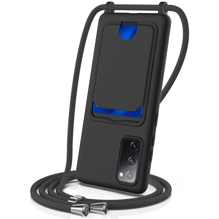 Per Samsung Galaxy S20 FE Custodia in Silicone Liquido con Supporto per Schede Custodia Posteriore del Telefono con Cordino - Nero