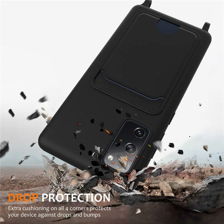 Per Samsung Galaxy S20 FE Custodia in Silicone Liquido con Supporto per Schede Custodia Posteriore del Telefono con Cordino - Nero