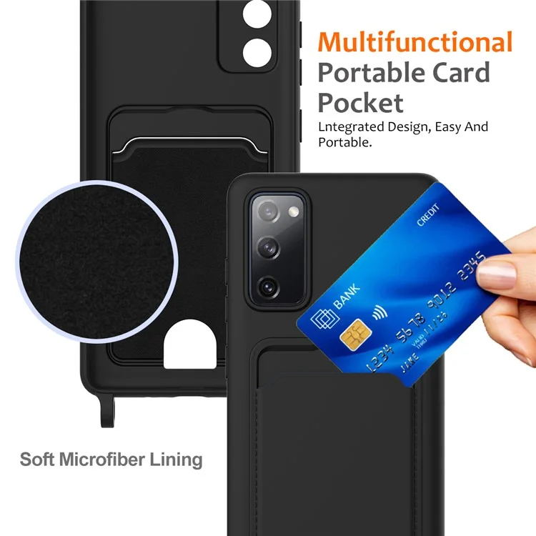 Per Samsung Galaxy S20 FE Custodia in Silicone Liquido con Supporto per Schede Custodia Posteriore del Telefono con Cordino - Nero