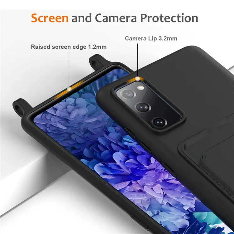 Per Samsung Galaxy S20 FE Custodia in Silicone Liquido con Supporto per Schede Custodia Posteriore del Telefono con Cordino - Nero