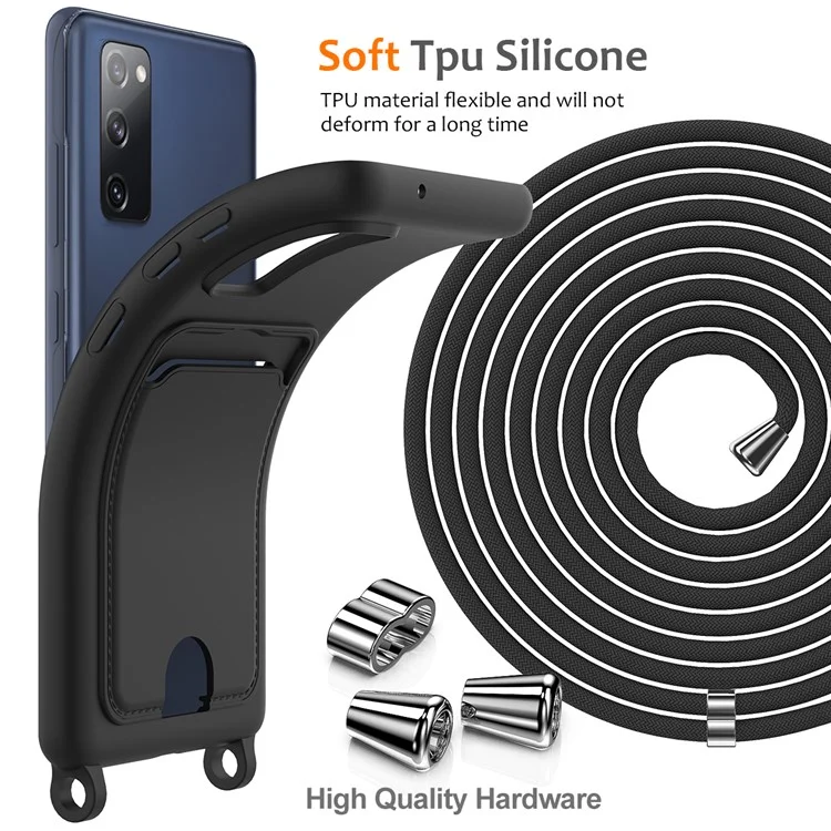 Per Samsung Galaxy S20 FE Custodia in Silicone Liquido con Supporto per Schede Custodia Posteriore del Telefono con Cordino - Nero