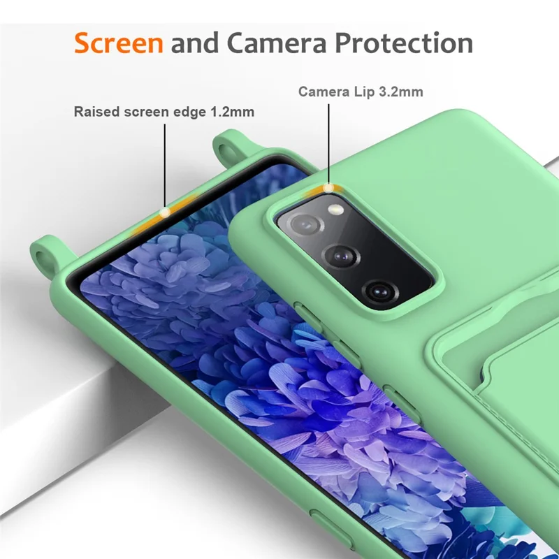 Fodral för Samsung Galaxy S20 FE, vätskesilikon, kortficka, bakdelsfodral med snöre - Grön