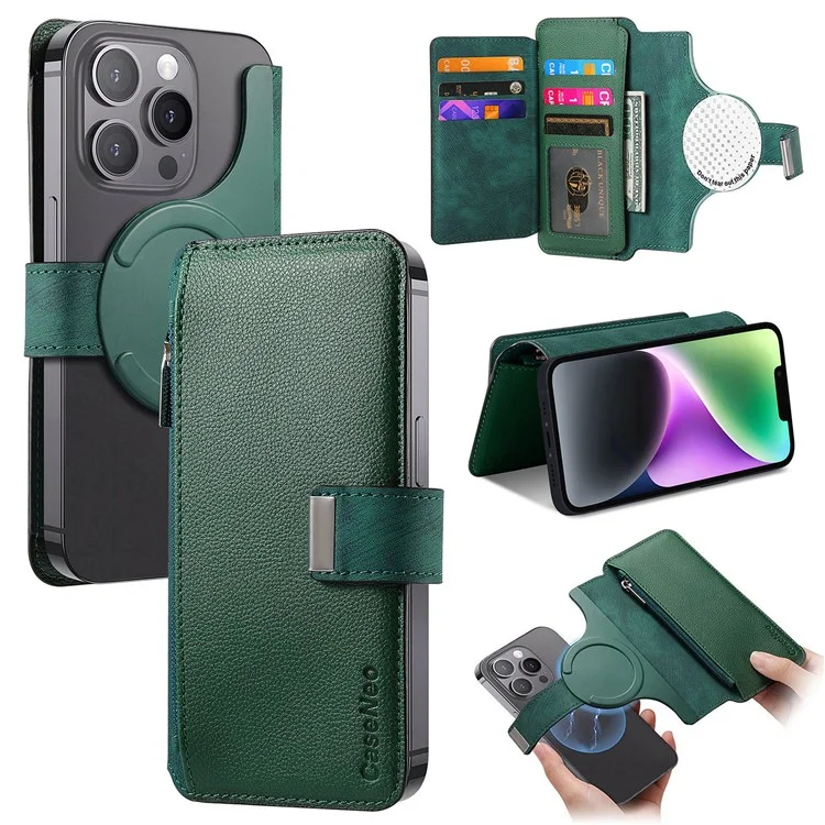 CASENEO MW-02S Magnetic Detachable Leather Phone Cover for 6.9 inch Phone RFID Blocking Wallet Stand - Green