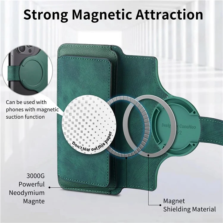 CASENEO MW-02S Magnetic Detachable Leather Phone Cover for 6.9 inch Phone RFID Blocking Wallet Stand - Green