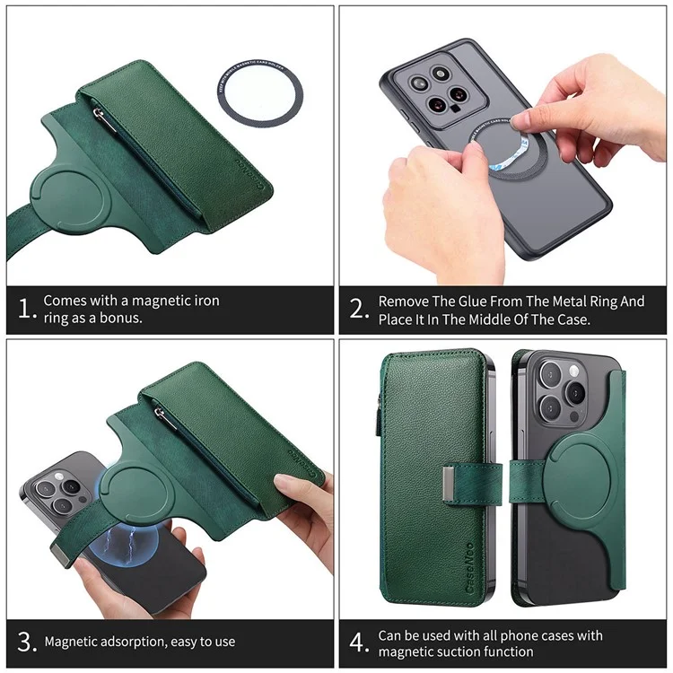 CASENEO MW-02S Magnetic Detachable Leather Phone Cover for 6.9 inch Phone RFID Blocking Wallet Stand - Green
