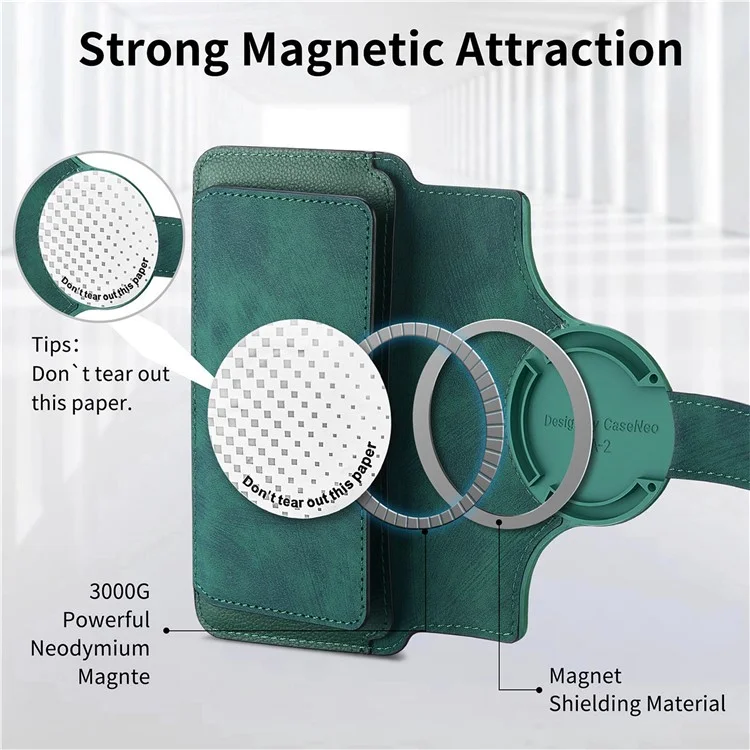CASENEO MW-02S Magnetic Detachable Leather Phone Cover for 6.9 inch Phone RFID Blocking Wallet Stand - Green