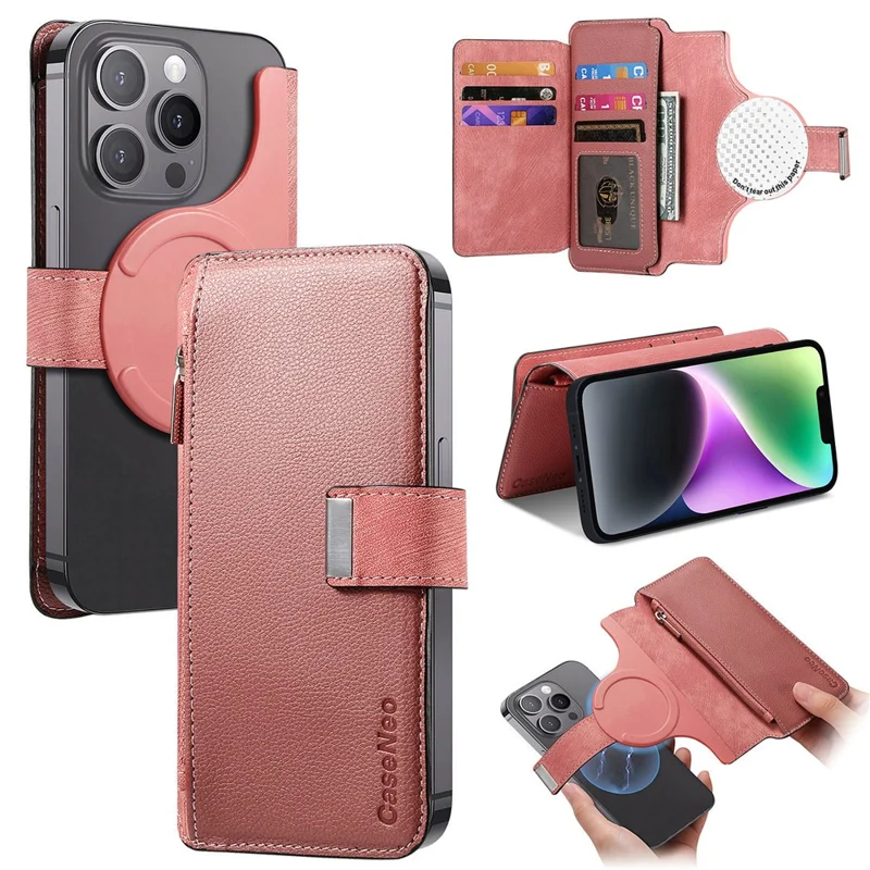 Caseneo MW-02S Tampa de Telefone de Couro Destacável Magnético Para o Suporte de Carteira de Bloqueio de Telefone RFID de 6,4 Polegadas - Rosa