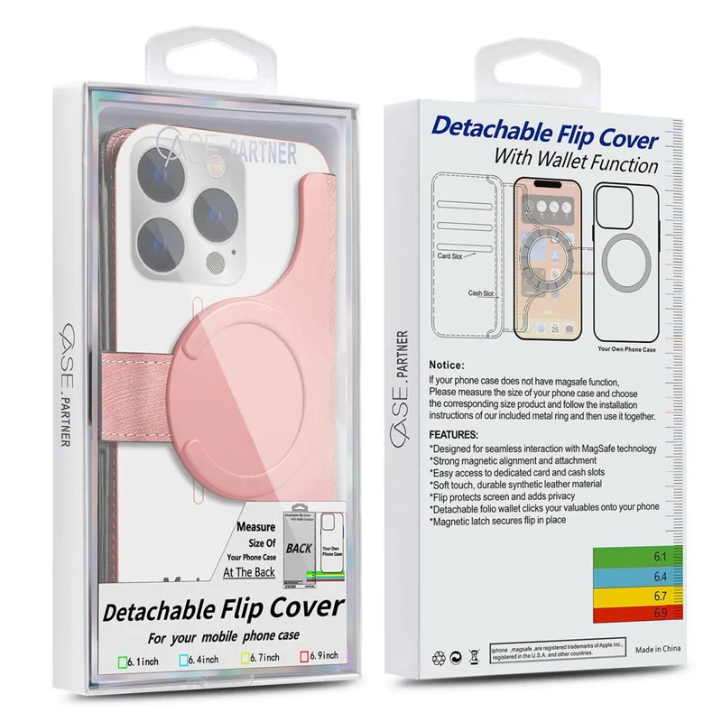 Caseneo MW-02S Tampa de Telefone de Couro Destacável Magnético Para o Suporte de Carteira de Bloqueio de Telefone RFID de 6,4 Polegadas - Rosa