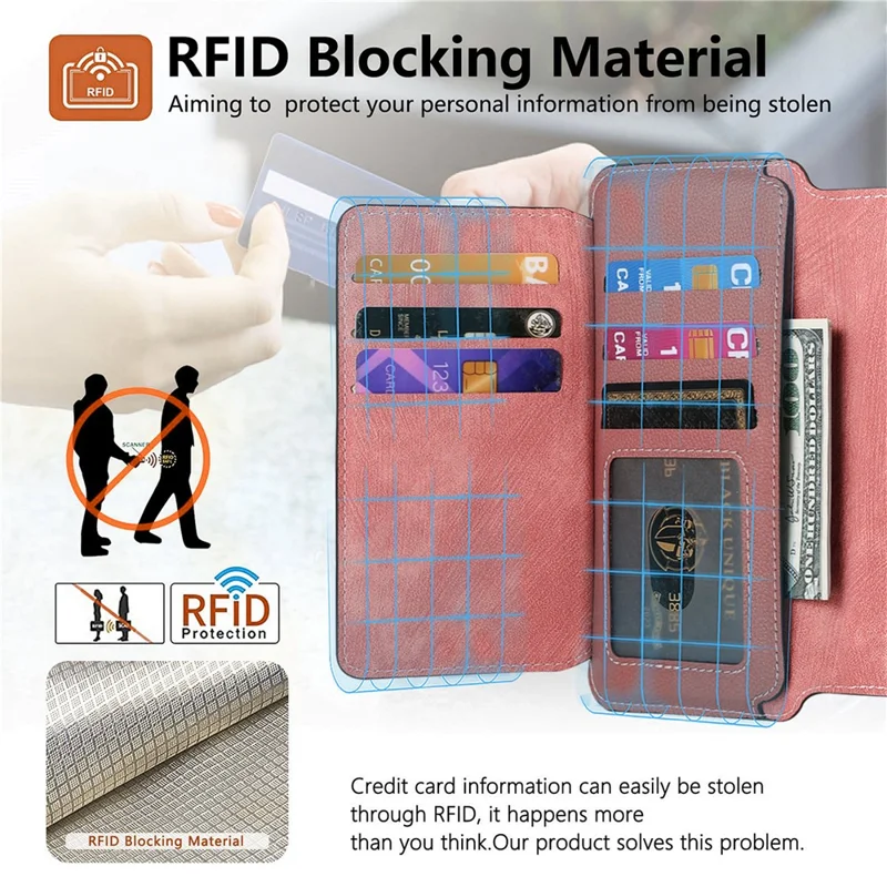 Caseneo MW-02S Tampa de Telefone de Couro Destacável Magnético Para o Suporte de Carteira de Bloqueio de Telefone RFID de 6,4 Polegadas - Rosa
