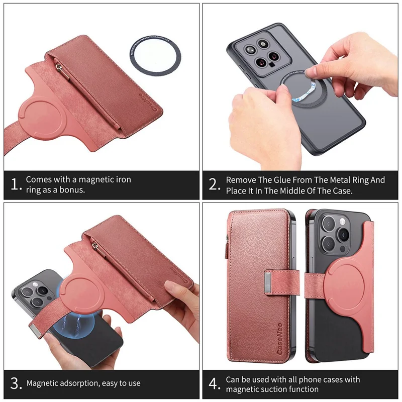 Caseneo MW-02S Tampa de Telefone de Couro Destacável Magnético Para o Suporte de Carteira de Bloqueio de Telefone RFID de 6,4 Polegadas - Rosa