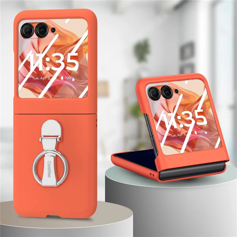 Til Motorola Razr 50 5G Etui med Ring og Standfod i PC med Hærdet Glas Bagside Skærmfilm - Orange