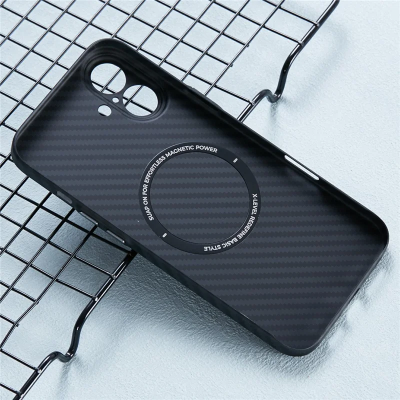X-level Para Iphone 16 Plus Magnetic Case Ultra Delgada PC Teléfono Hard Telep Cover de Fibra de Carbono Textura - Negro