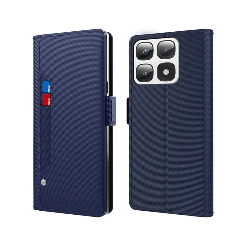 For Xiaomi 14T Case Stand PU Leather Phone Cover Card Holder Mirror - Blue