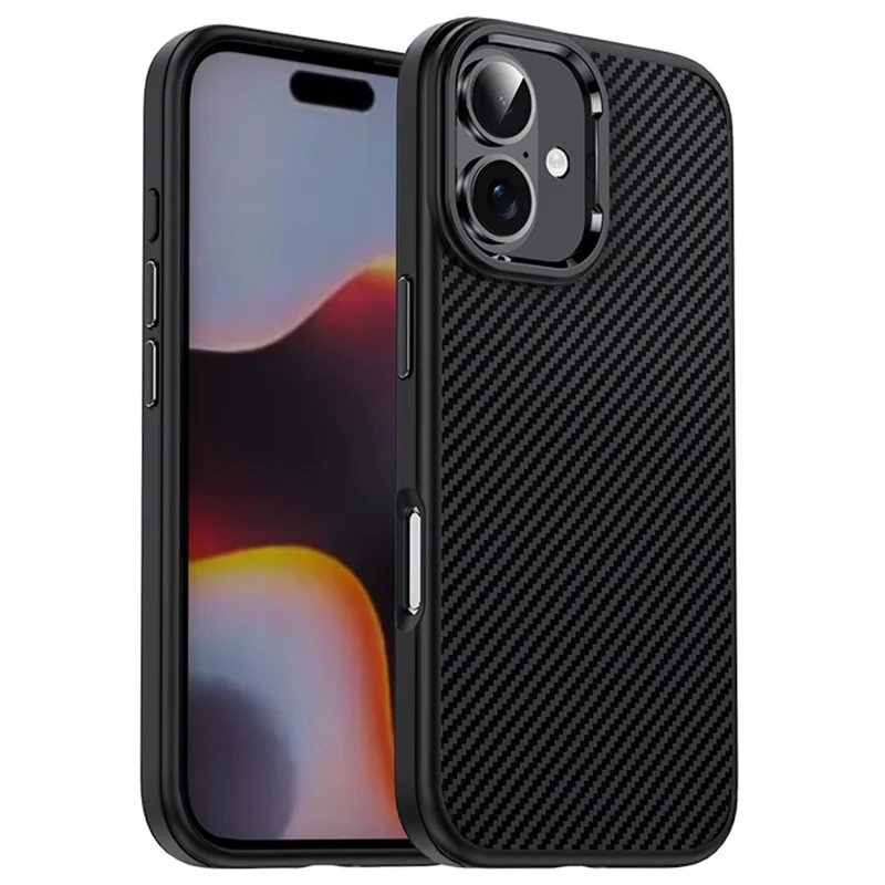 IPAKY Pour iPhone 16 Plus Étui TPU Texture Fibre de Carbone Housse de Téléphone Cadre Métallique Lentille - Noir