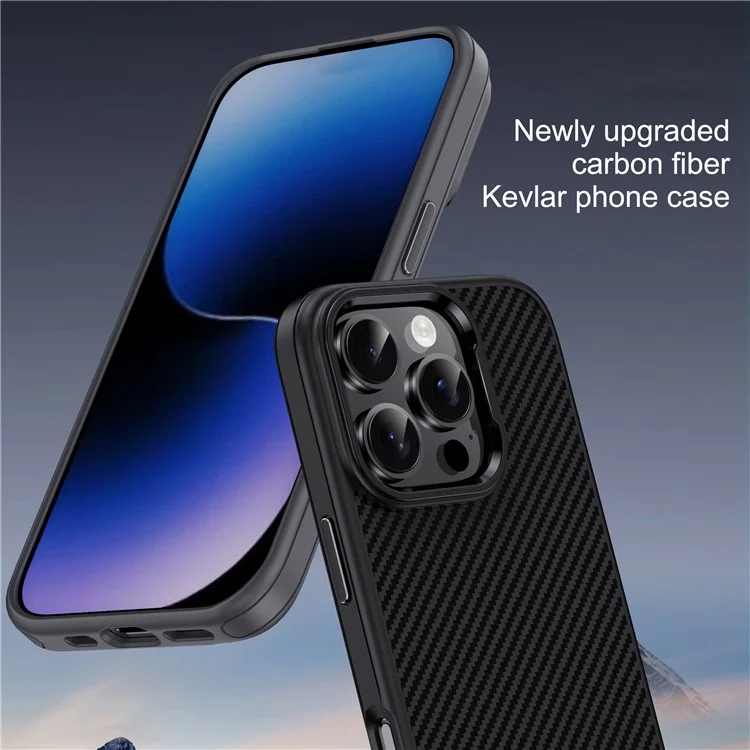 IPAKY Para iPhone 16 Pro Max Carcasa TPU Textura de Fibra de Carbono Cubierta del Teléfono Marco de Lente de Metal - Negro