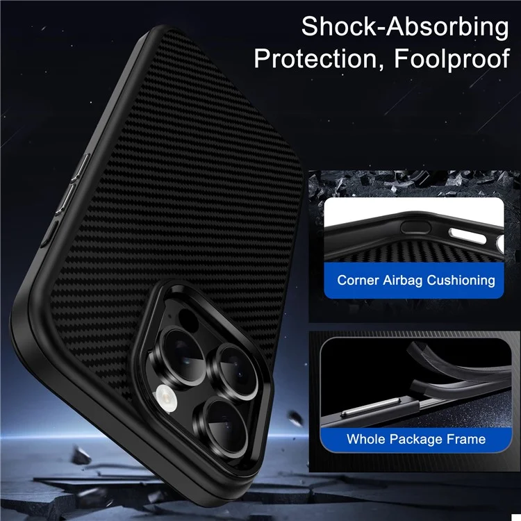 IPAKY Para iPhone 16 Pro Max Carcasa TPU Textura de Fibra de Carbono Cubierta del Teléfono Marco de Lente de Metal - Negro