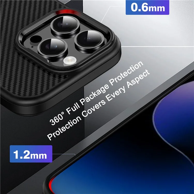 IPAKY Para iPhone 16 Pro Max Carcasa TPU Textura de Fibra de Carbono Cubierta del Teléfono Marco de Lente de Metal - Negro