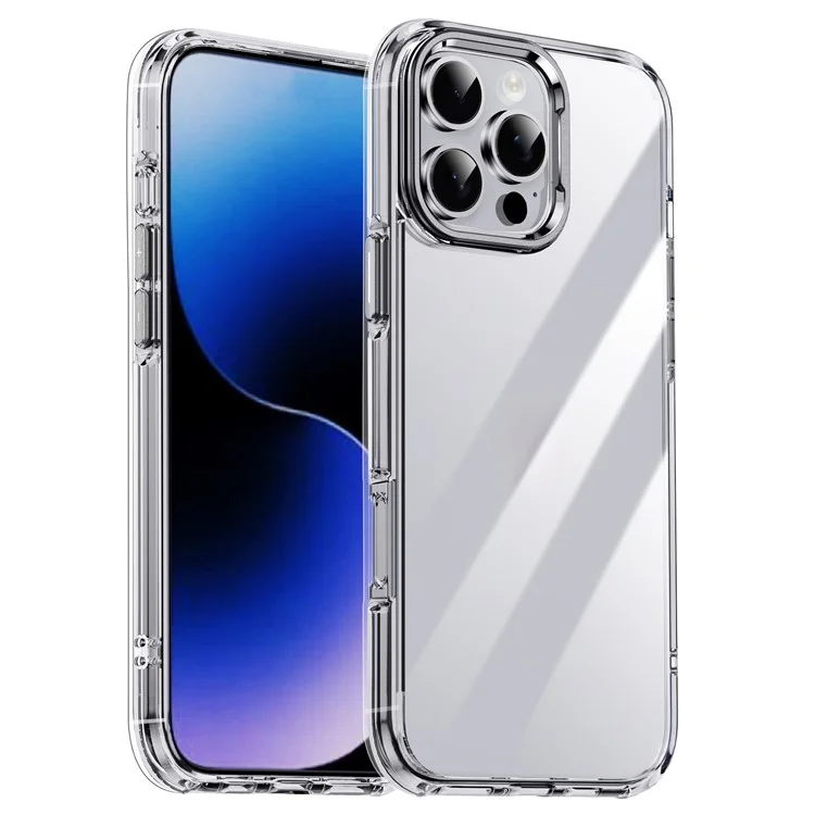 IPAKY для iPhone 16 Pro Clear Case Metal Lens Frame Shockproof TPU Phone Cover - Silver