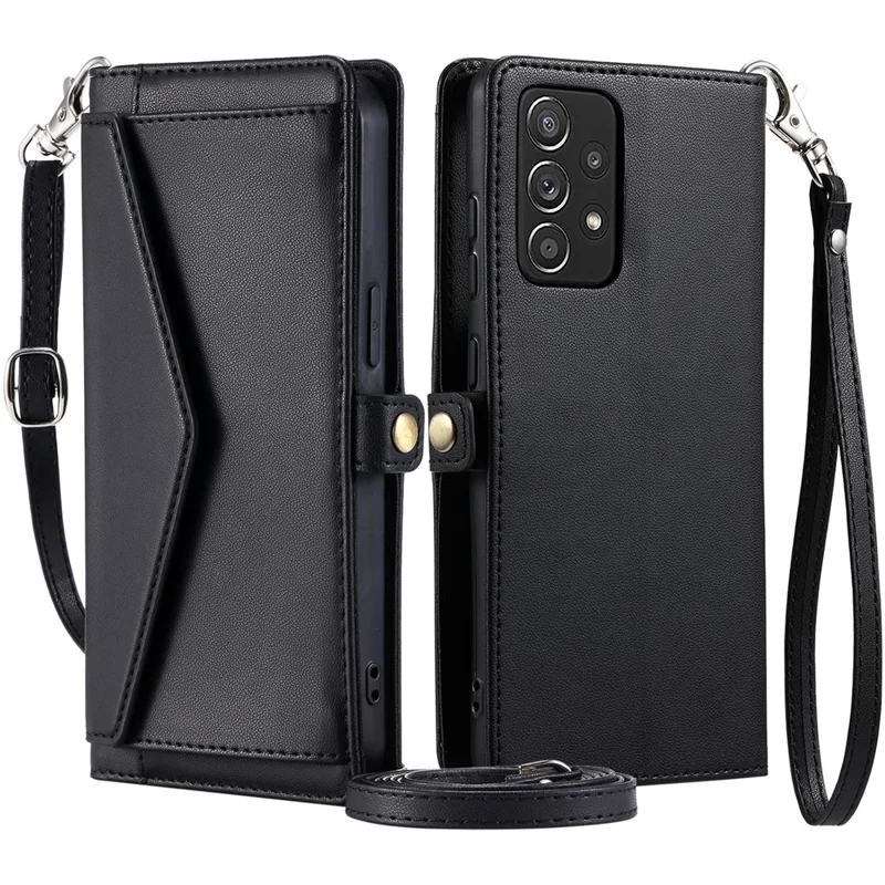 For Samsung Galaxy A33 5G Leather Case Wallet Stand Phone Cover with Straps - Black