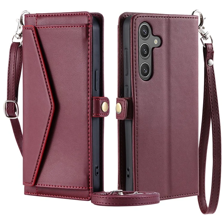For Samsung Galaxy S24 FE Leather Case Wallet Stand Phone Cover with Straps - Wine Red