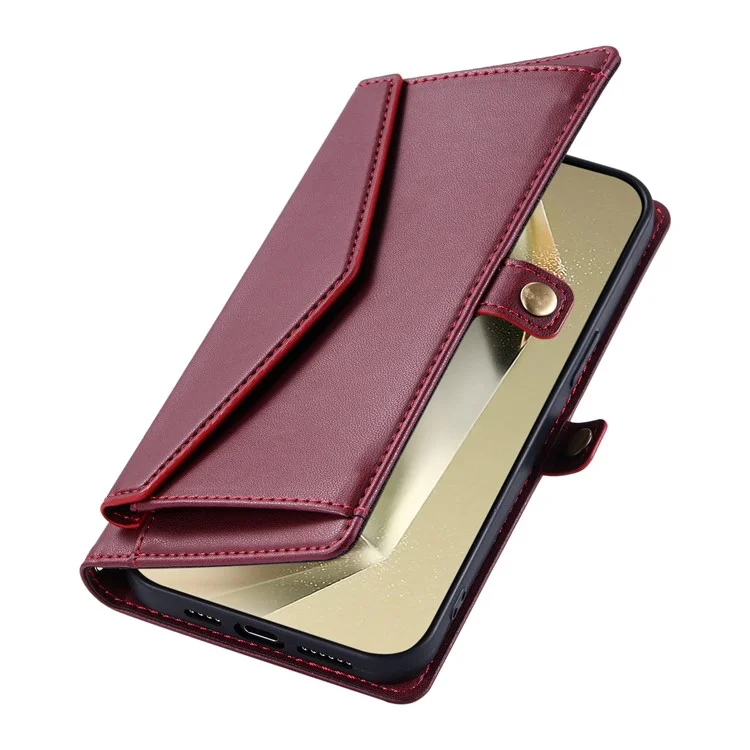 For Samsung Galaxy S24 FE Leather Case Wallet Stand Phone Cover with Straps - Wine Red