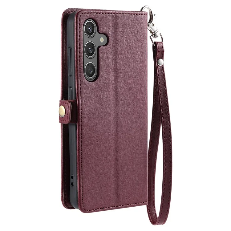 For Samsung Galaxy S24 FE Leather Case Wallet Stand Phone Cover with Straps - Wine Red