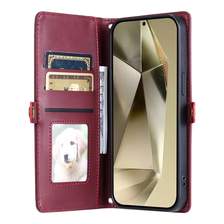 For Samsung Galaxy S24 FE Leather Case Wallet Stand Phone Cover with Straps - Wine Red