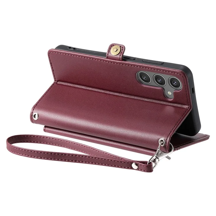 For Samsung Galaxy S24 FE Leather Case Wallet Stand Phone Cover with Straps - Wine Red