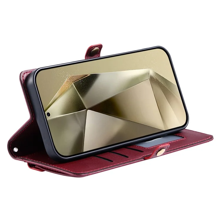 For Samsung Galaxy S24 FE Leather Case Wallet Stand Phone Cover with Straps - Wine Red
