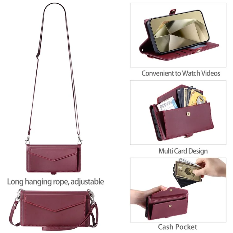 For Samsung Galaxy S24 FE Leather Case Wallet Stand Phone Cover with Straps - Wine Red