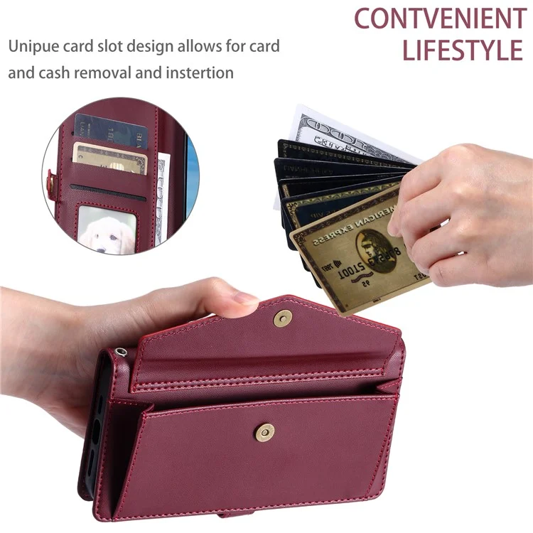 For Samsung Galaxy S24 FE Leather Case Wallet Stand Phone Cover with Straps - Wine Red