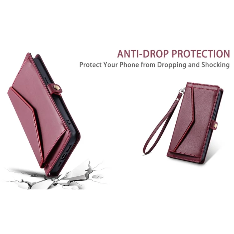 For Samsung Galaxy S24 FE Leather Case Wallet Stand Phone Cover with Straps - Wine Red