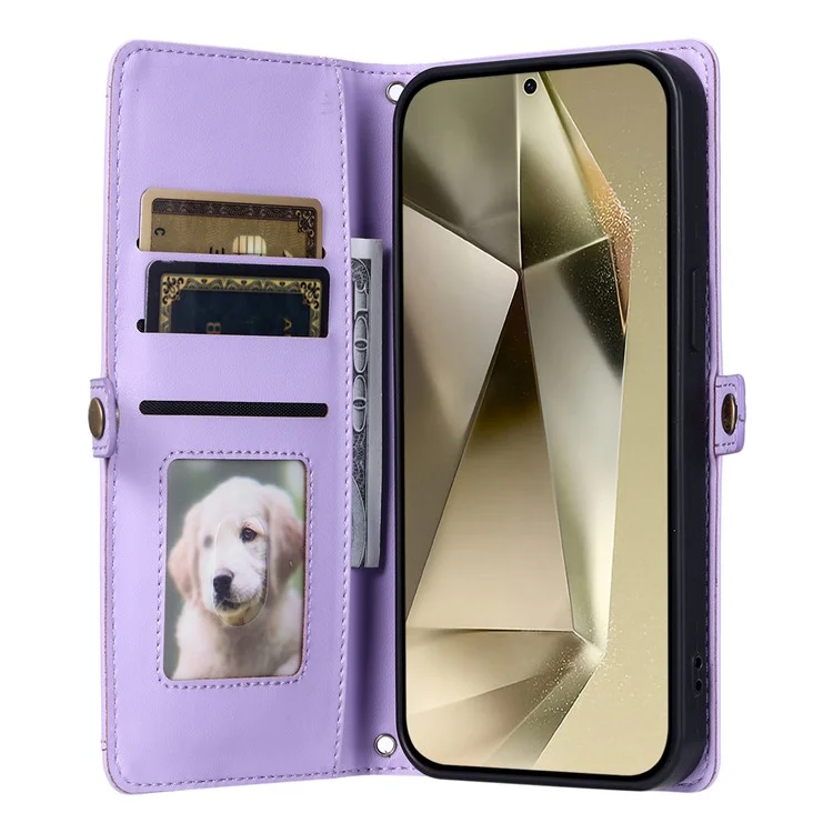 For Samsung Galaxy S24+ Leather Case Wallet Stand Phone Cover with Straps - Purple