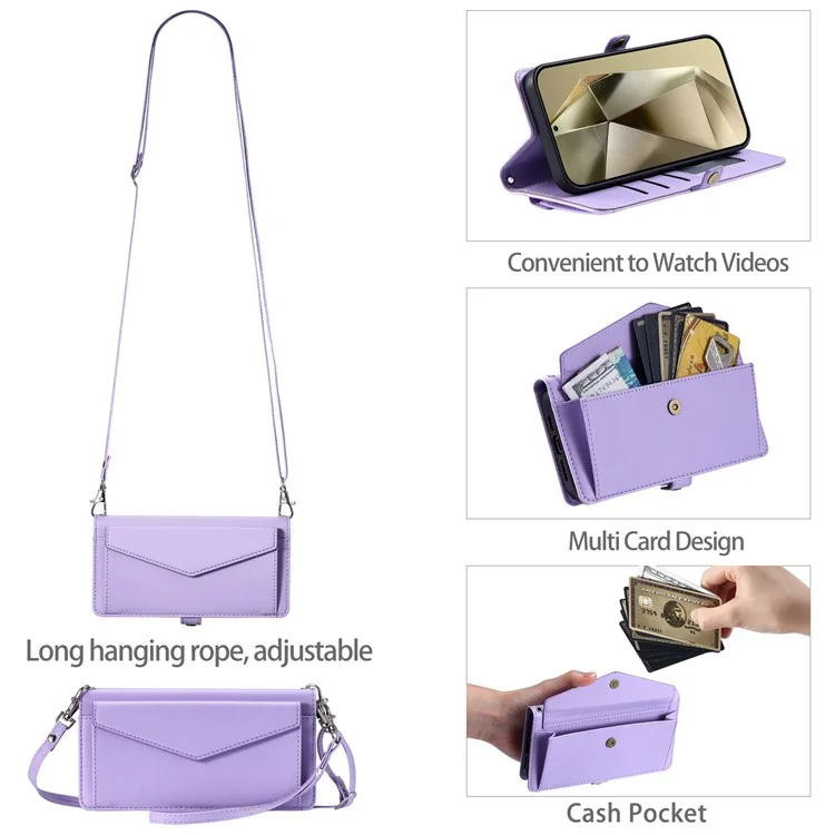 For Samsung Galaxy S24+ Leather Case Wallet Stand Phone Cover with Straps - Purple