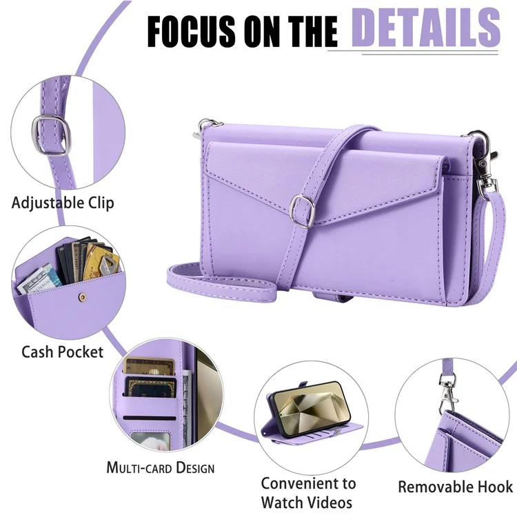 For Samsung Galaxy S24+ Leather Case Wallet Stand Phone Cover with Straps - Purple