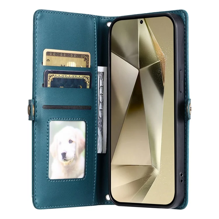 Para Samsung Galaxy S24 Case de Cuero Capacitación de la Billetera de la Billetera Con Correas - Verde Negruzco