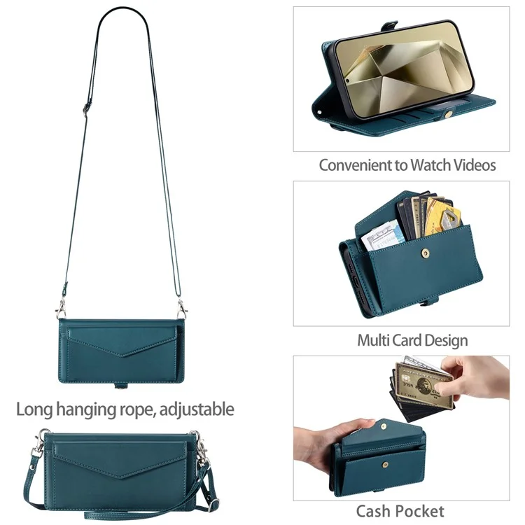 Para Samsung Galaxy S24 Case de Cuero Capacitación de la Billetera de la Billetera Con Correas - Verde Negruzco