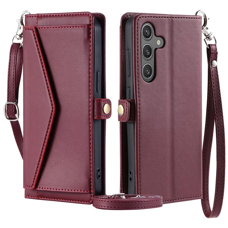 For Samsung Galaxy A35 5G Leather Case Wallet Stand Phone Cover with Straps - Wine Red