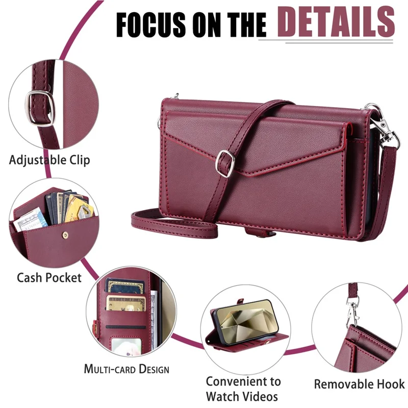 For Samsung Galaxy A35 5G Leather Case Wallet Stand Phone Cover with Straps - Wine Red