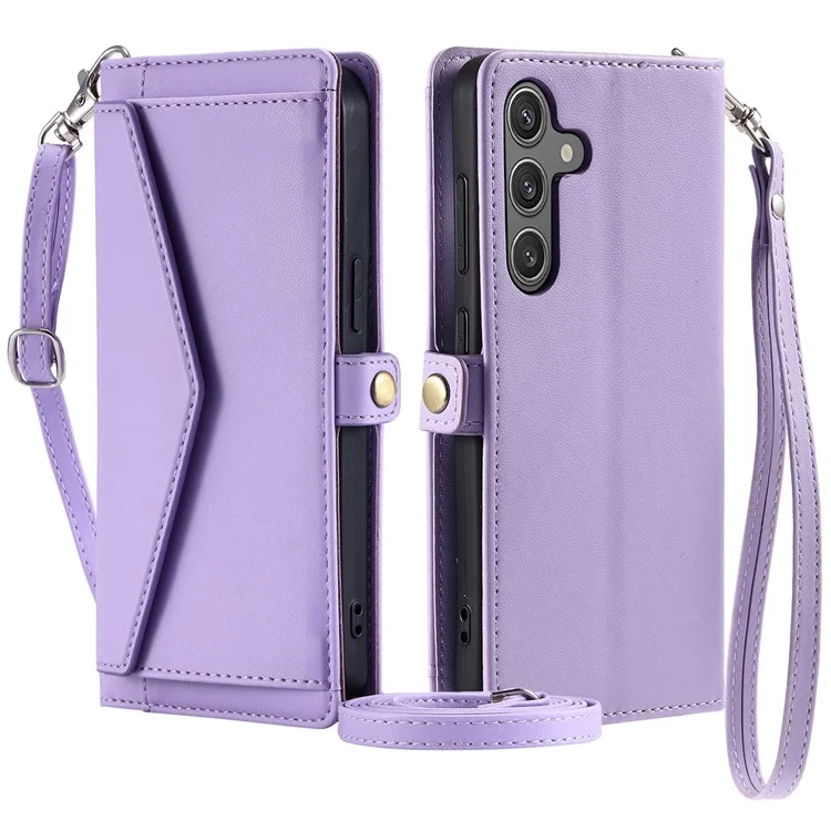 For Samsung Galaxy A24 4G (162.1 X 77.6 X 8.3mm) Leather Case Wallet Stand Phone Cover with Straps - Purple
