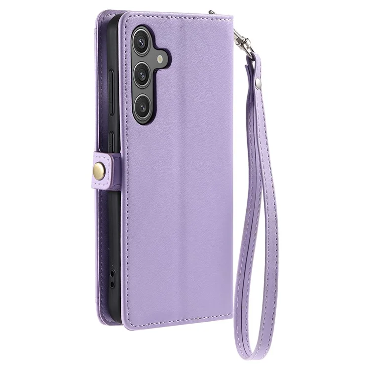 For Samsung Galaxy A24 4G (162.1 X 77.6 X 8.3mm) Leather Case Wallet Stand Phone Cover with Straps - Purple
