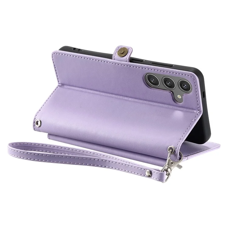 For Samsung Galaxy A24 4G (162.1 X 77.6 X 8.3mm) Leather Case Wallet Stand Phone Cover with Straps - Purple