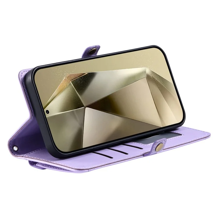 For Samsung Galaxy A24 4G (162.1 X 77.6 X 8.3mm) Leather Case Wallet Stand Phone Cover with Straps - Purple