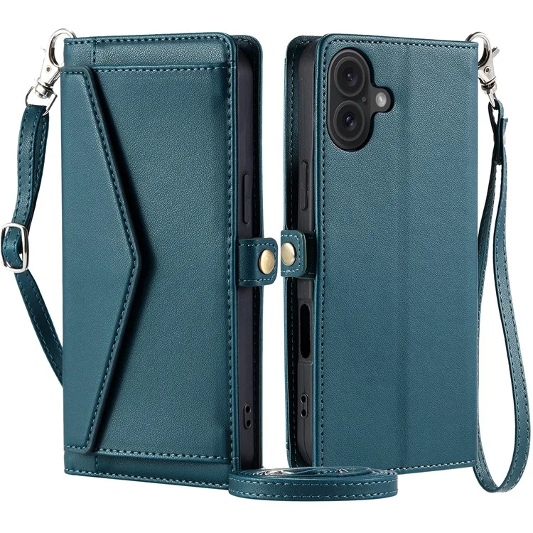 For iPhone 16 Plus Leather Case Wallet Stand Phone Cover with Straps - Blackish Green