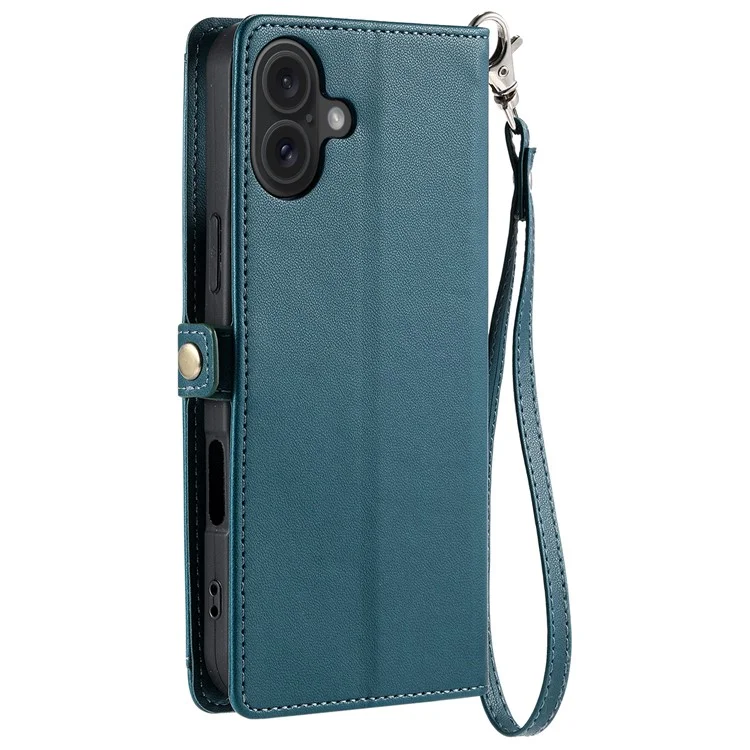 For iPhone 16 Plus Leather Case Wallet Stand Phone Cover with Straps - Blackish Green