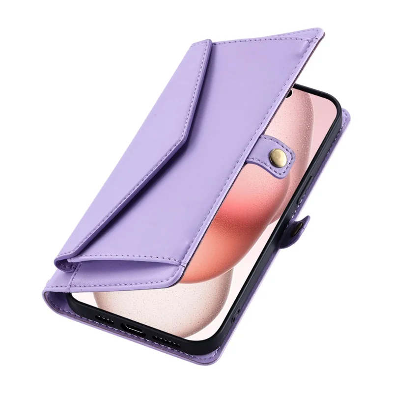 For iPhone 16 Plus Leather Case Wallet Stand Phone Cover with Straps - Purple