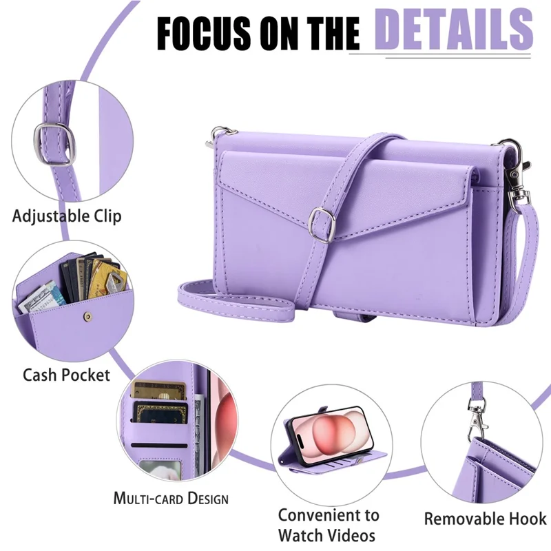 For iPhone 16 Plus Leather Case Wallet Stand Phone Cover with Straps - Purple