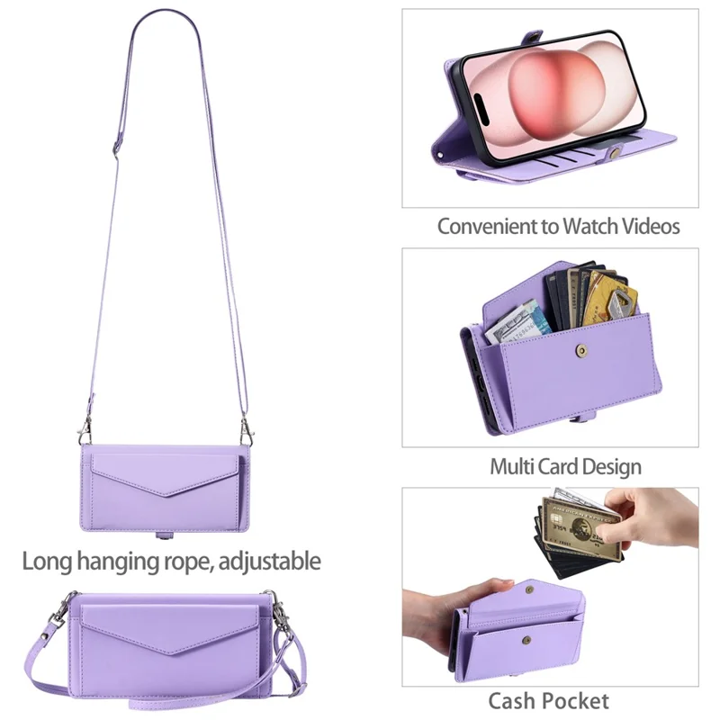 For iPhone 16 Plus Leather Case Wallet Stand Phone Cover with Straps - Purple