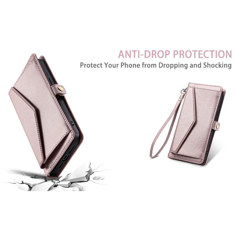 For iPhone 16 Plus Leather Case Wallet Stand Phone Cover with Straps - Rose Gold